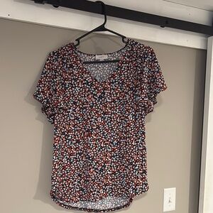 LOFT Red and White Floral Blouse with Rounded Neckline